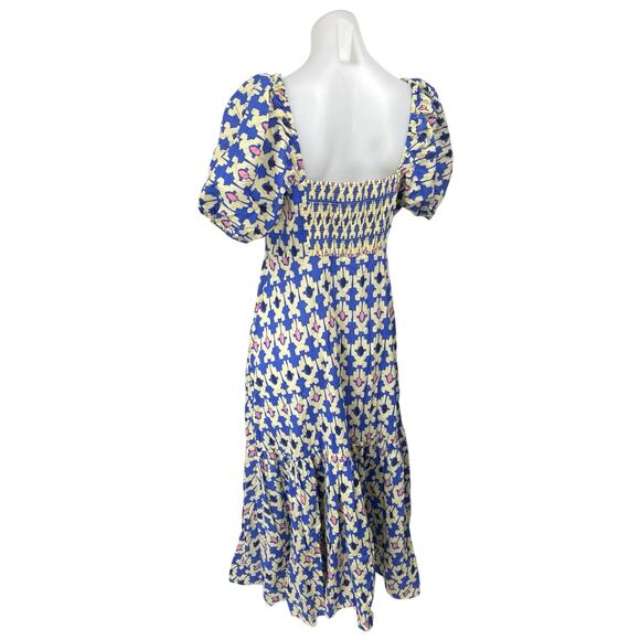 Zara Blue White Printed Short Puff Sleeve Smocked V-Neck Midi A-line Dress Sz L - Picture 5 of 8